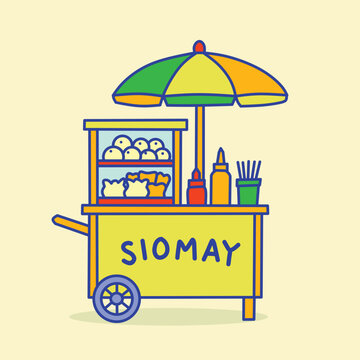A colorful flat-design illustration of a traditional Indonesian siomay (steamed dumpling) street food cart with a striped umbrella, sauce bottles, and utensils, ideal for street food, culinary