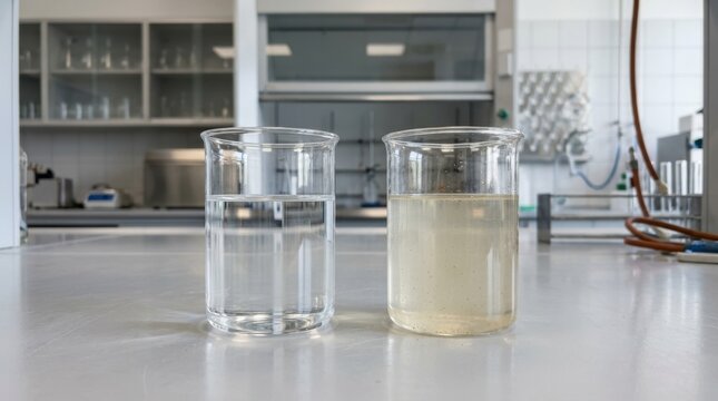 Comparison of clean and contaminated water samples in glass beakers. Water quality testing and pollution analysis in a chemistry laboratory