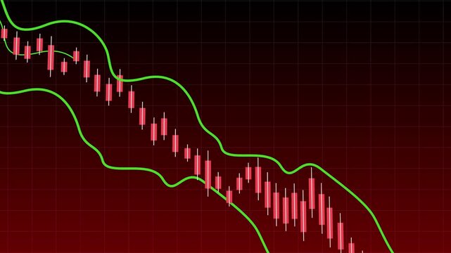 Animated candlestick chart showing a downward trend with red candles and green indicator lines on a dark background.