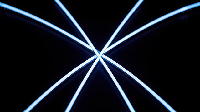 abstract electric blue neon lines intersecting forming geometric shape on matte black background perfect for modern tech advertising header design