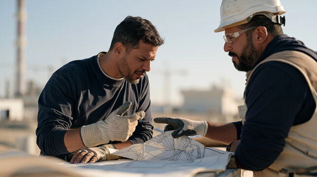 A mechanical engineer in harsh midday sun negotiates supply terms with a parts vendor outside a construction site, gloved hands gesturing mid task over a folded competitive