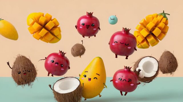Playful anthropomorphic fruits &ndash; mango, pomegranate, coconut &ndash; levitate in a whimsical still life composition for tropical concepts.