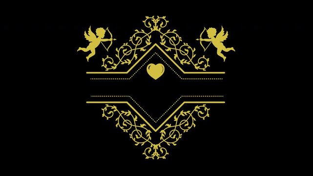 Golden ornate frame with cupids and heart animation for romantic wedding invitations.