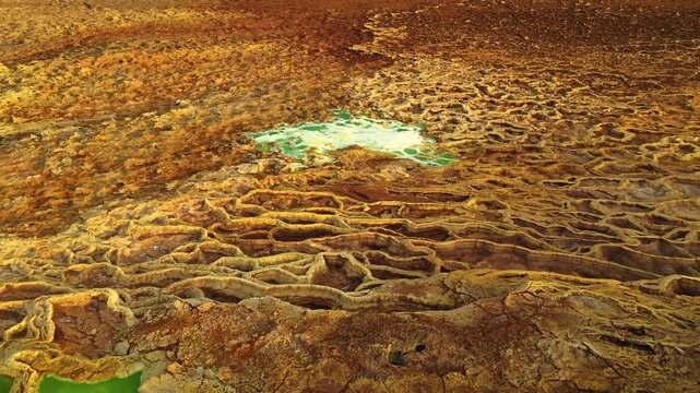 Aerial view of the vibrant, colorful geothermal pools and salt formations of the Dalol geothermal area in Dalol, Afar, Ethiopia.