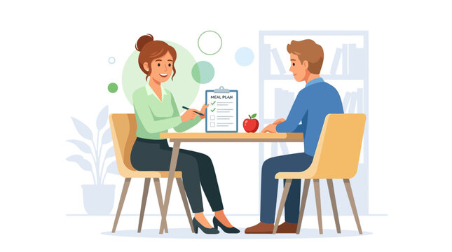 Nutritionist consulting a patient, discussing meal plan and healthy eating at a table with apple and clipboard.