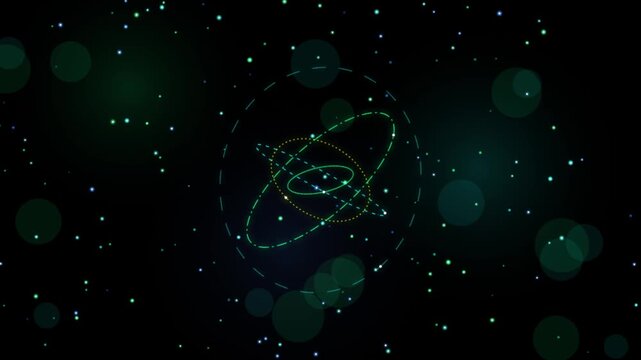 Abstract scientific simulation of rotating planetary rings and orbital motion within dark space background high quality digital motion graphics visual effect clip.