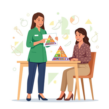 Nutritionist explaining food pyramid to client, healthy eating consultation, vector illustration