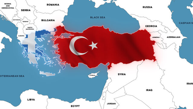 Illustration of a map illustrating tensions between Turkey and Greece, with both countries highlighted in the colors of their national flags.