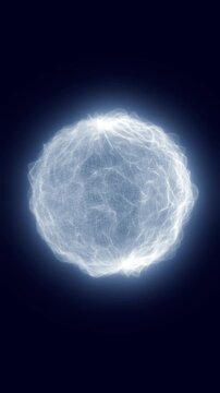 Abstract glowing white energy sphere formed by an intricate luminous mesh on a dark blue background, symbolizing digital networks and futuristic technology.