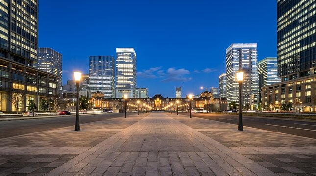 Urban evening vista featuring a vacant pedestrian walkway and towering structures. A deserted walkway alongside a paved route capturing the glowing metropolitan landscape at twilight with ample room