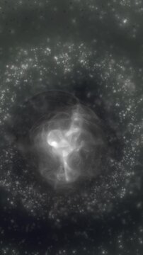 Abstract monochrome energy sphere surrounded by glowing particles and smoky cosmic waves, creating a mysterious visualization of space, plasma, and quantum matter.