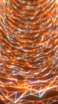 Abstract orange wireframe waves forming a glowing digital landscape with connected nodes, polygonal geometry, and deep futuristic perspective.