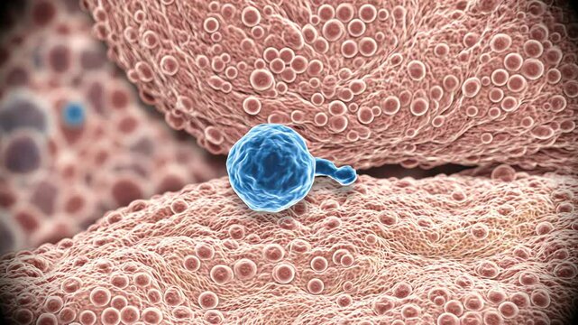 Autoimmune activity around healthy thyroid tissue, one stable spherical immune cell slowly moving near a detailed thyroid tissue surface