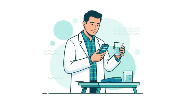 Scientist in Lab Coat Conducting Experiment with Beaker and Digital Device