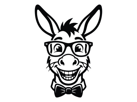 Funny donkey mascot wearing glasses and bow tie, smiling mule character vector, black and white nerd donkey head illustration