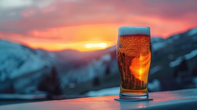  beer glass of pilsner,  mountains in the background painted in soft, pastel shades of pink, purple, and blue during a peaceful sunset