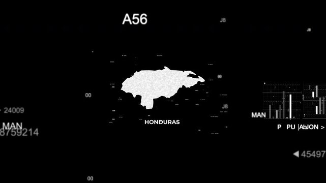 Honduras map animation showcasing economy, infrastructure, technology, population, energy, trade, and national development data for presentations, films, documentaries, and motion graphics.