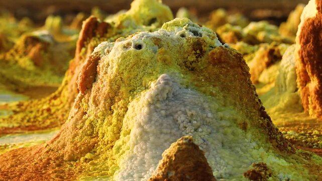 Aerial view of the colorful mineral formations and sulfur deposits in the Dalol geothermal area, Dalol, Afar, Ethiopia.