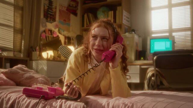 Caucasian teenager lying on bed and talking on pink retro corded telephone in bedroom. Footage is ideal for nostalgic brand campaigns or youth lifestyle advertisements