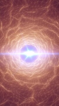 Abstract glowing portal with a brilliant white core surrounded by peach wireframe waves, representing futuristic energy, digital networks, and dimensional travel.