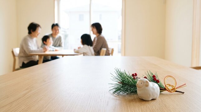 未年の正月を囲む祖父母と親子の多世代家族