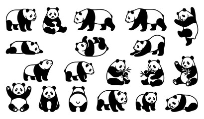 Panda silhouette vector set, cute giant panda wildlife black flat icon collection © MezanurRahman
