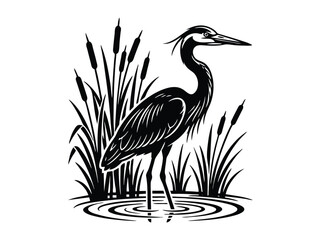 Fototapeta premium Vintage heron vector illustration, black and white crane in marsh with cattails, elegant bird silhouette for nature logos and outdoors branding