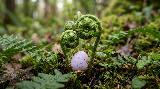 A small speckled purple Easter egg nestled among young green fern fiddleheads sprouting in a damp forest floor
