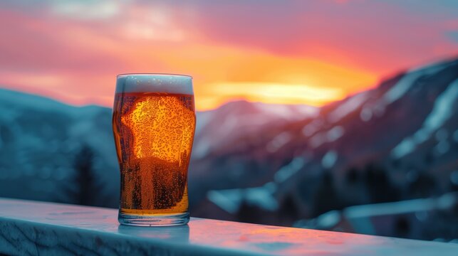  beer glass of pilsner,  mountains in the background painted in soft, pastel shades of pink, purple, and blue during a peaceful sunset