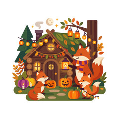 Fototapeta premium Cute foxes celebrating Halloween in a cozy autumn forest cabin.