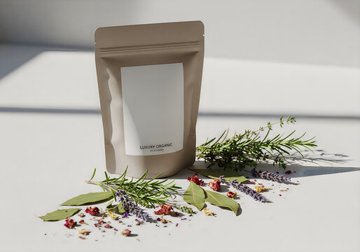 Luxury organic herbal tea packaging with fresh herbs