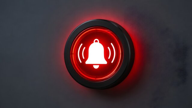 Illuminated red alarm bell button on a dark control panel for emergency alerts and critical security warnings.