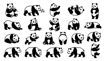 Giant panda activity silhouette set, black wildlife animal poses bamboo vector collection © MezanurRahman