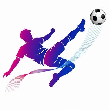 Soccer player kicking ball in mid-air action shot