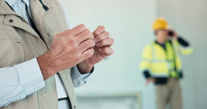 Architect, pain and hands of person on site for carpal tunnel, engineer crisis and arthritis. Injury, overworked and construction accident with employee for tired, building inspector and tendinitis