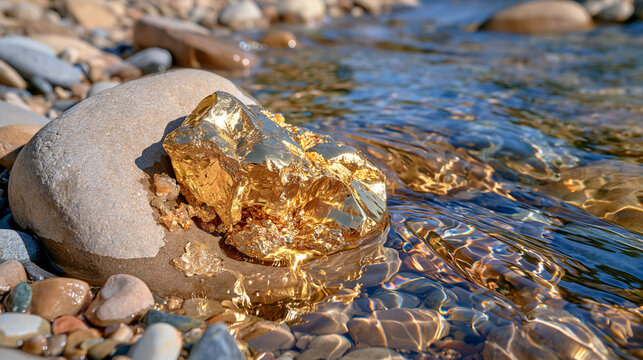 Macro shot of a raw gold nugget partially embedded in a smooth river stone, tiny rare mineral crystals scattered nearby, clear flowing water creating reflections and subtle distortion, highly detail