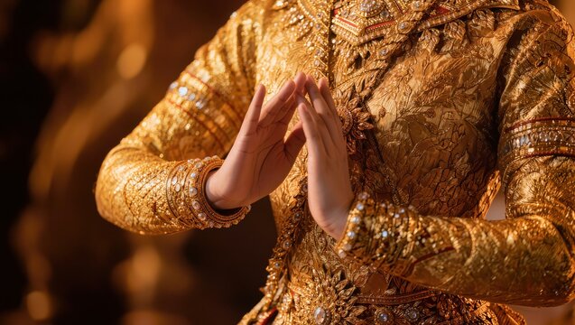Thai Khon Dancer Performing Traditional Wai Greeting Gesture in Golden Embroidered Silk Costume