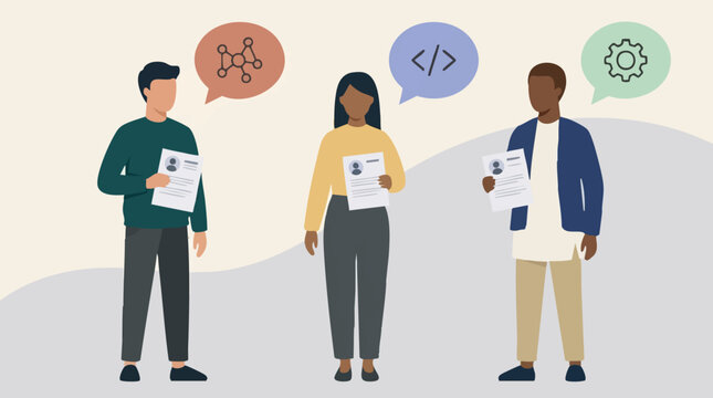Diverse professionals holding resumes with various skill icons