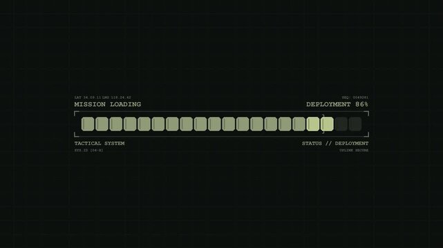 Tactical military game loading bar with angular segmented design, technical HUD elements and precise progress indicator. Suitable for strategy games, simulations, gaming interfaces and digital visuals