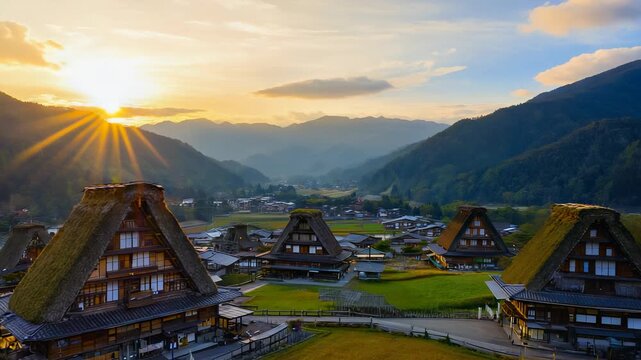 Traditional Gassho-style Farmhouses at Sunset in Shirakawa-go, Japan - A UNESCO World Heritage Landscape