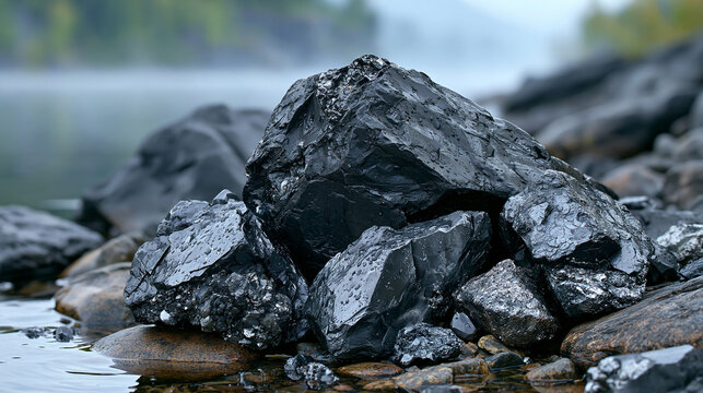 Raw platinum ore and silver-bearing minerals arranged on rounded stones beside a misty river at dawn, cool atmospheric tones, droplets of water covering the mineral surfaces, soft natural backlighti