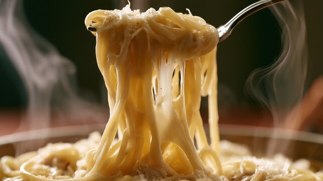 Extreme close-up of freshly cooked spaghetti lifted with a fork, creamy sauce and delicate melted parmesan stretching between pasta strands, with steam rising from the hot dish.