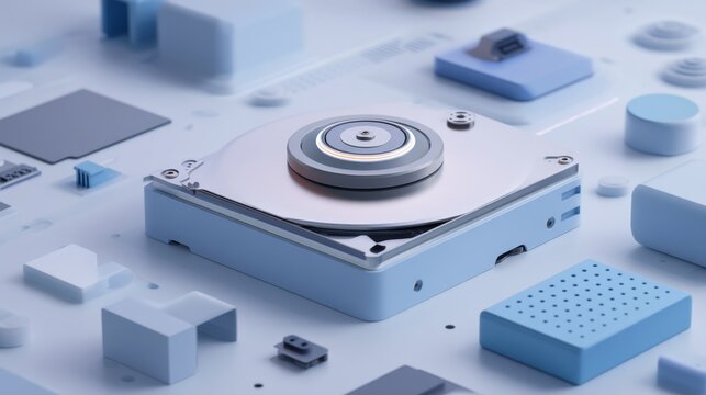 Futuristic close-up of a computer hard drive surrounded by abstract geometric shapes in shades of blue illustrating technology and innovation concepts. Generative AI