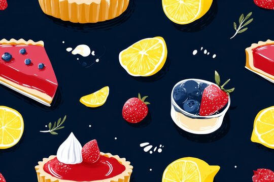 Delicious dessert pattern featuring vibrant lemon tarts fruit toppings and fresh strawberries on a dark background ideal for culinary designs and food illustrations. Generative AI