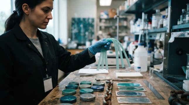 Materials engineer holding polyurethane test strips over marine coating samples, resin swatches, and an anchor chain in a laboratory.