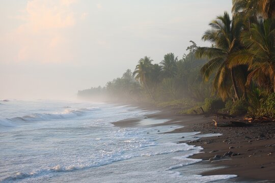 Serene Tropical Beach with Gentle Waves Palm Trees and Misty Horizon Capturing the Essence of Calm Nature and Relaxation for Travel and Lifestyle Themes. Generative AI