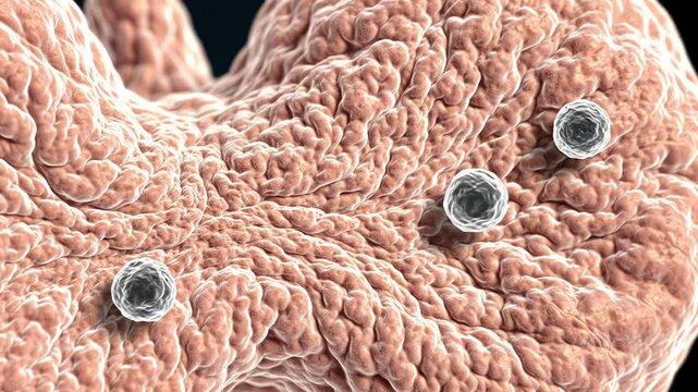 Stable thyroid tissue surface with two spherical immune cells slowly moving nearby, representing autoimmune activity associated with Hashimoto&rsquo;s disease