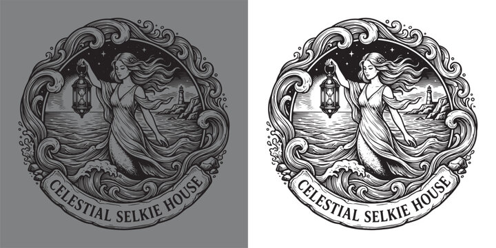 Celestial Selkie House Coastal Ocean Waves Lighthouse Woman With Lantern Badge Illustration