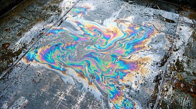 Oil slick colors floating on a wet metallic sheet
