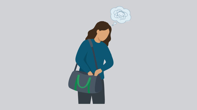 Woman searching through bag with a confused and stressed expression